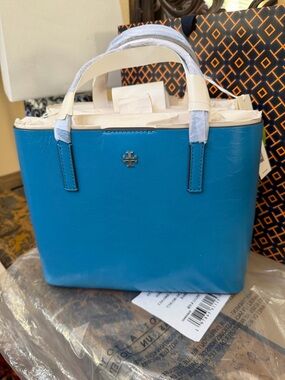 Tory Burch Blue Crinkled Leather Small Tote